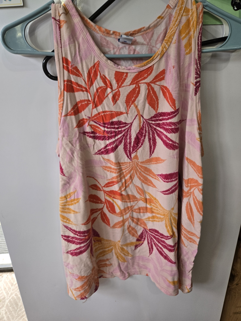 Old Navy Pink Tank Top with Orange and Magenta Leaf Print